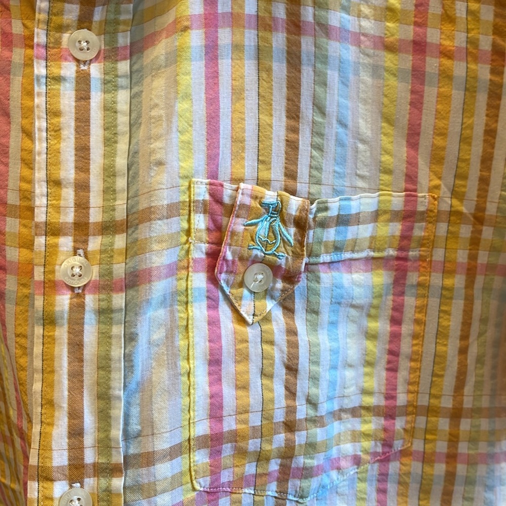 Used Early 2000s Penguin Men’s Short Sleeve S/S Button Down Plaid Size Small